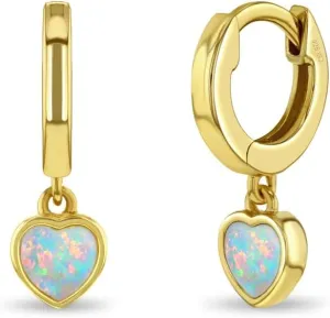 925 Sterling Silver Simulated Opal Heart Dangle Hoop Earrings - Small and Delicate Earrings With Heart Details - Everyday Wear