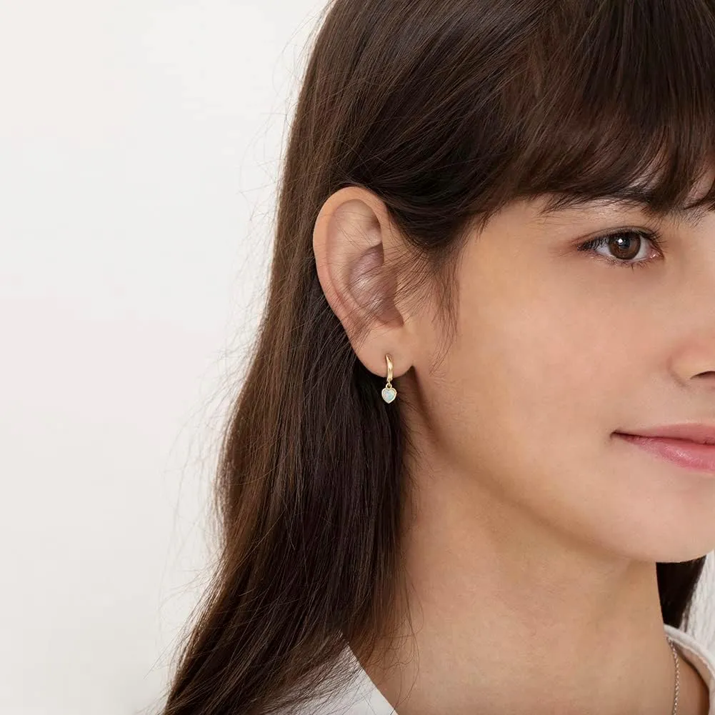 925 Sterling Silver Simulated Opal Heart Dangle Hoop Earrings - Small and Delicate Earrings With Heart Details - Everyday Wear