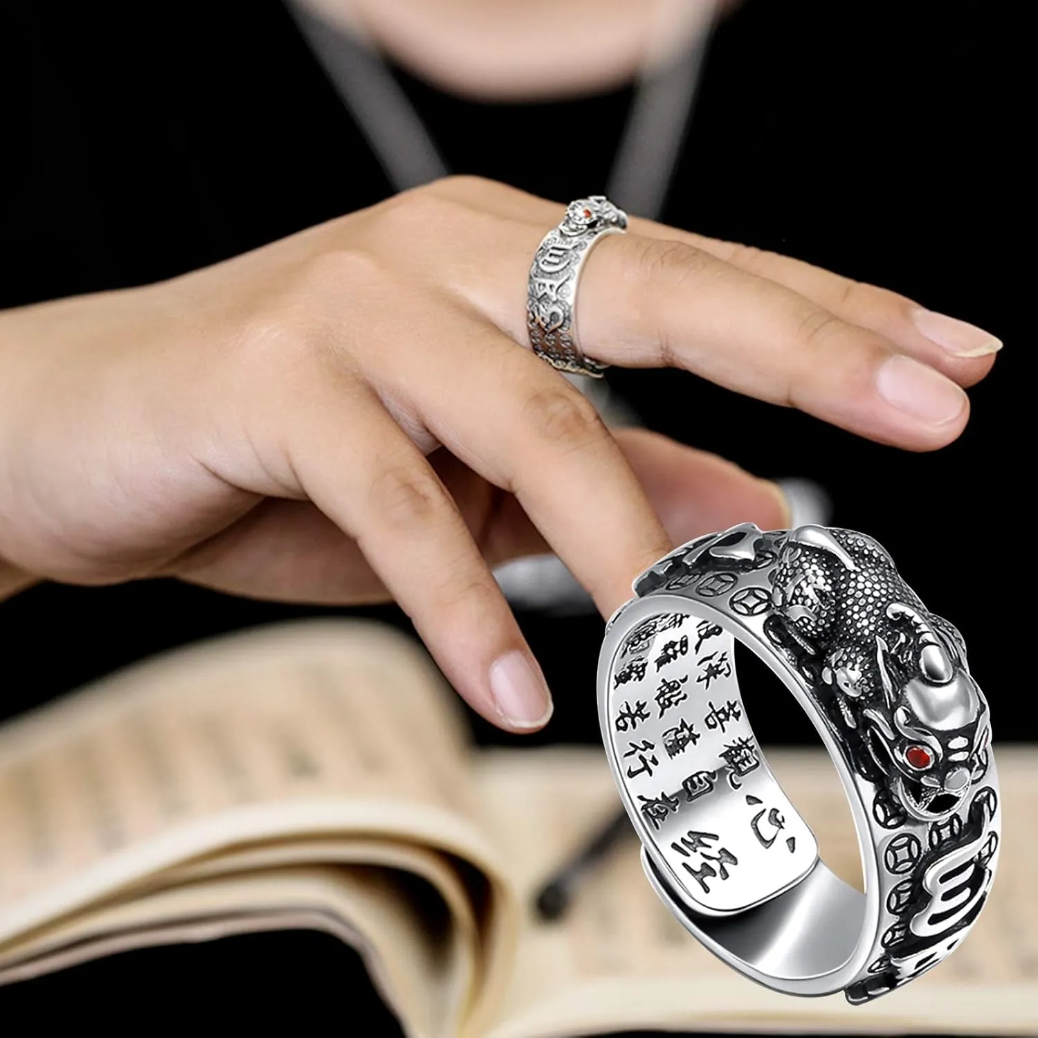 990 Silver Feng Shui PiXiu Adjustable Ring MANI Mantra Protection Wealth Ring