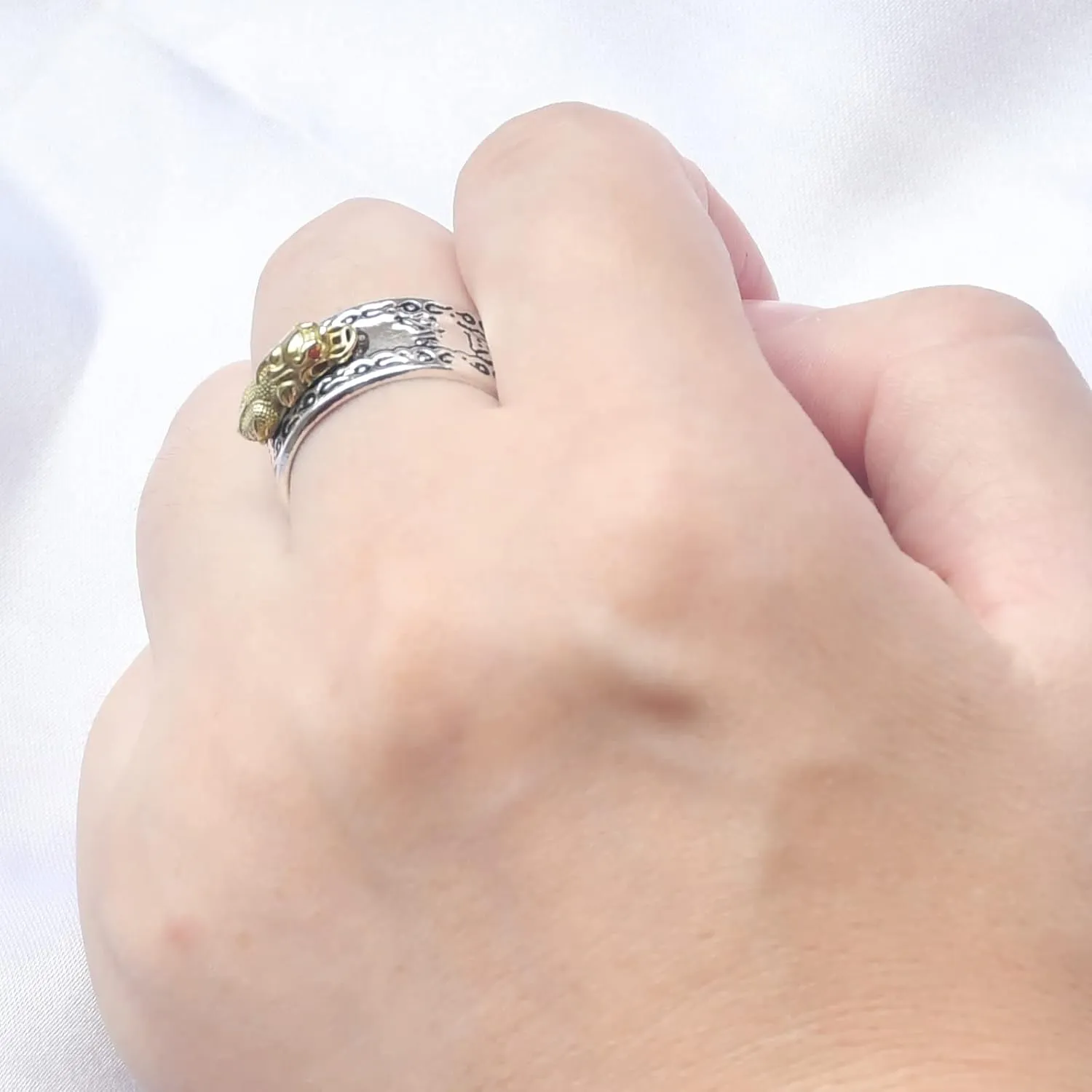990 Silver Feng Shui PiXiu Adjustable Ring MANI Mantra Protection Wealth Ring