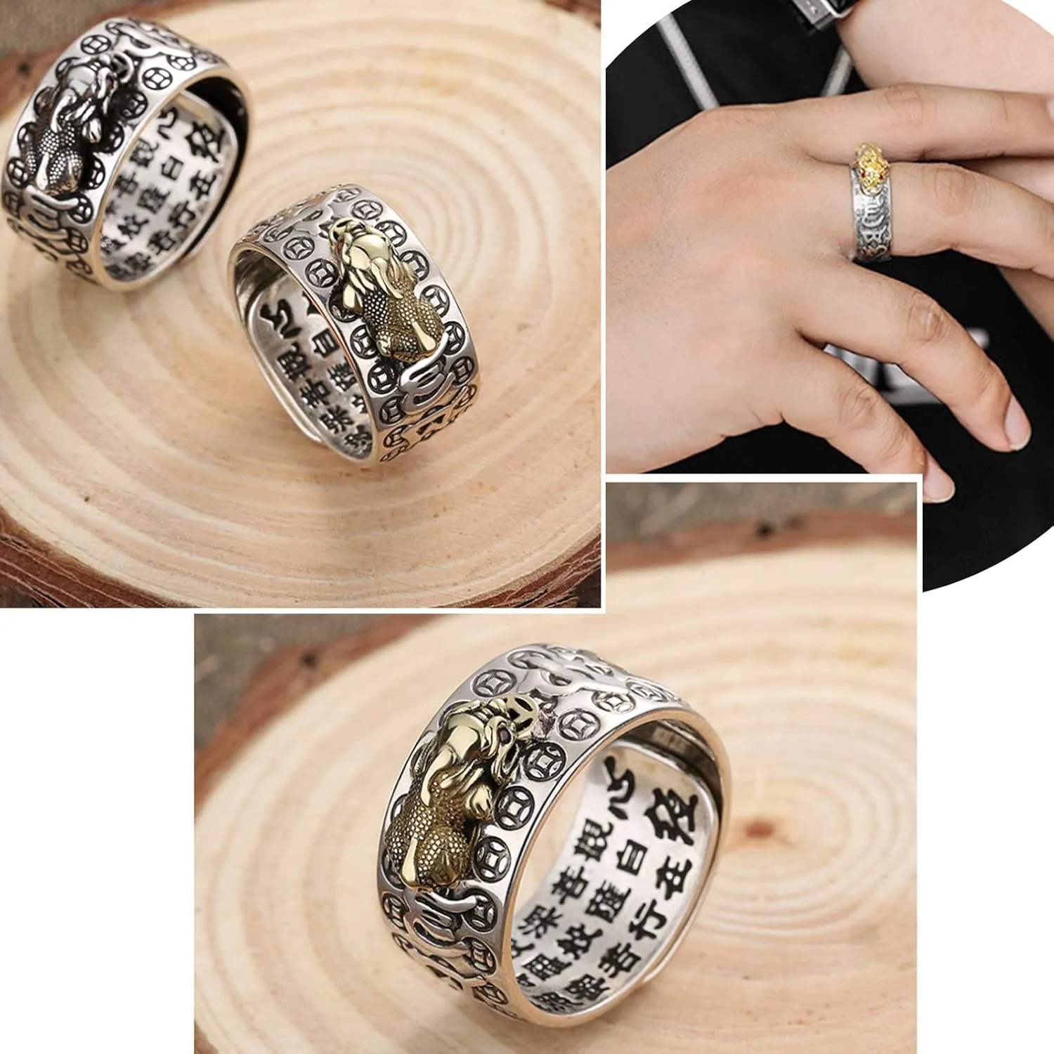 990 Silver Feng Shui PiXiu Adjustable Ring MANI Mantra Protection Wealth Ring