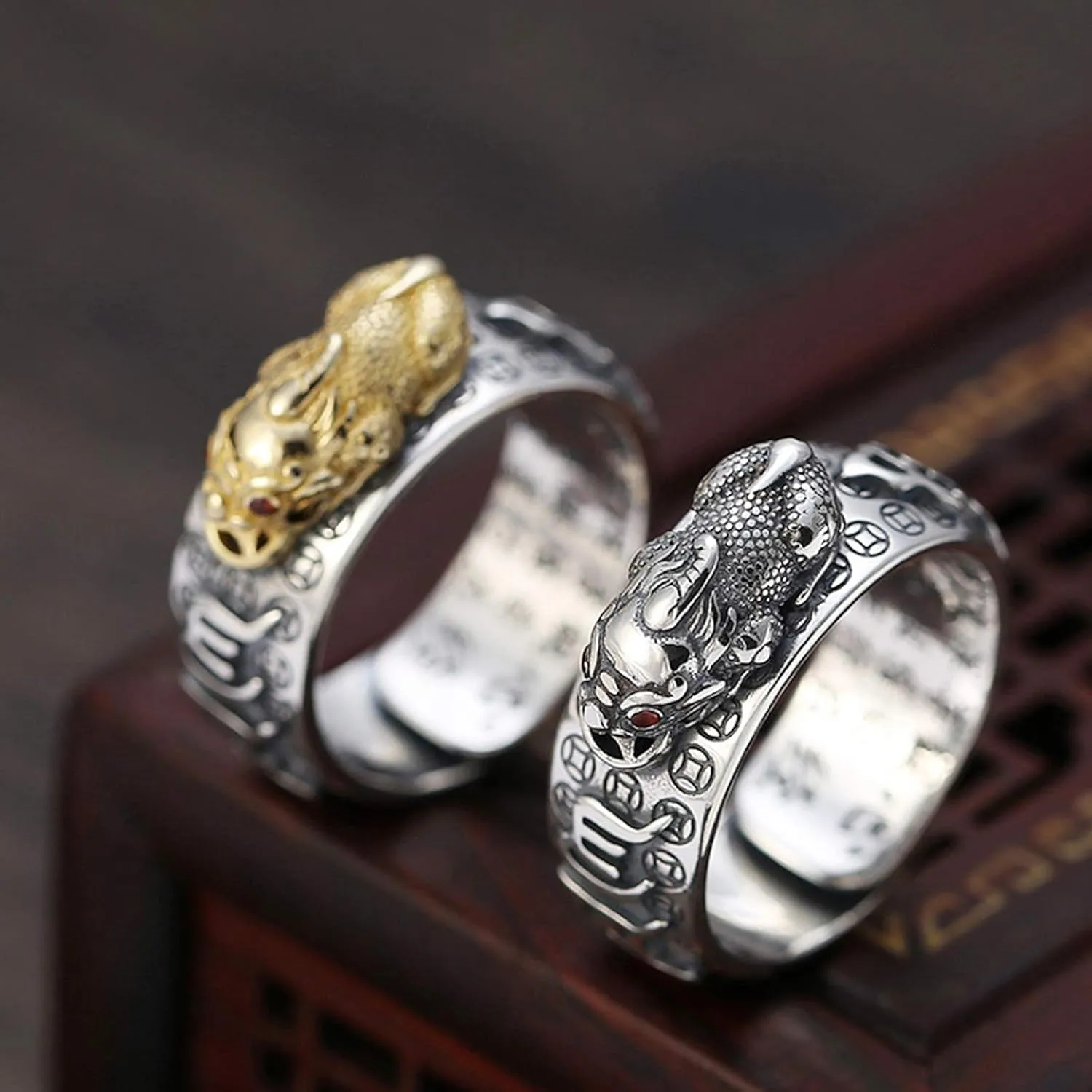 990 Silver Feng Shui PiXiu Adjustable Ring MANI Mantra Protection Wealth Ring