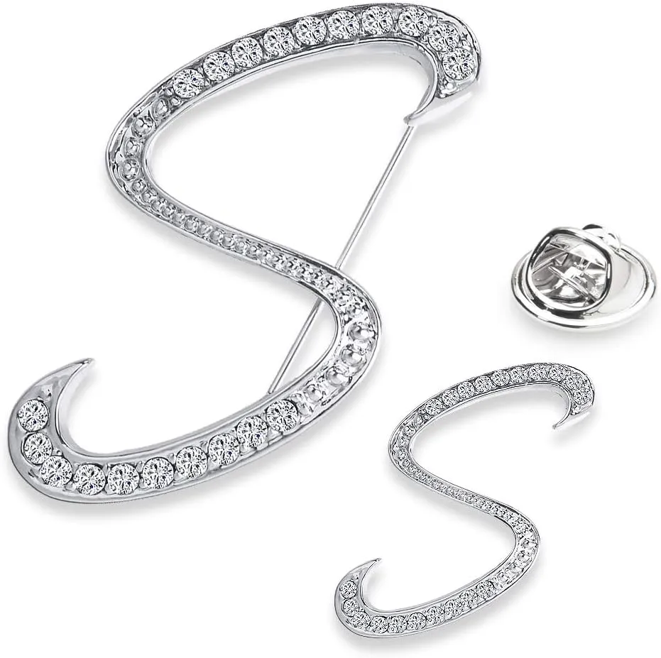 A-Z Womans Letter Initial Brooch Pins, Silver Clear Crystal Rhinestone Breastpins Letter Stocking Pins 2size/package