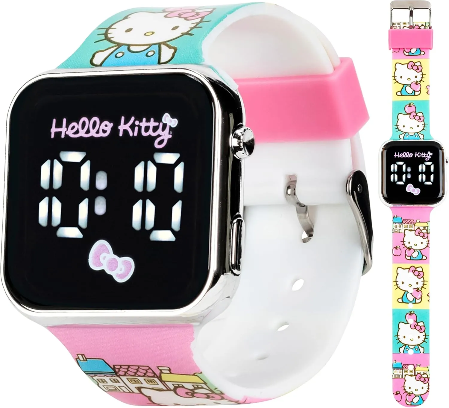 Accutime Hello Kitty LED Kids Watch - Silver Plastic Case, Colorful Printed Artwork, White LED Display, Soft Silicone Strap, Easy to Read, Ideal for Girls, Official Sanrio Merchandise
