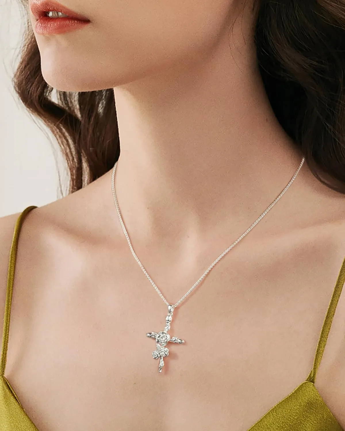 ACECHA Cross Necklace for Women | Silver Birth Flower Necklaces Thick Plated 12 Month Womens Birthday Faith Pendant Trendy Anniversary Jewelry Gifts