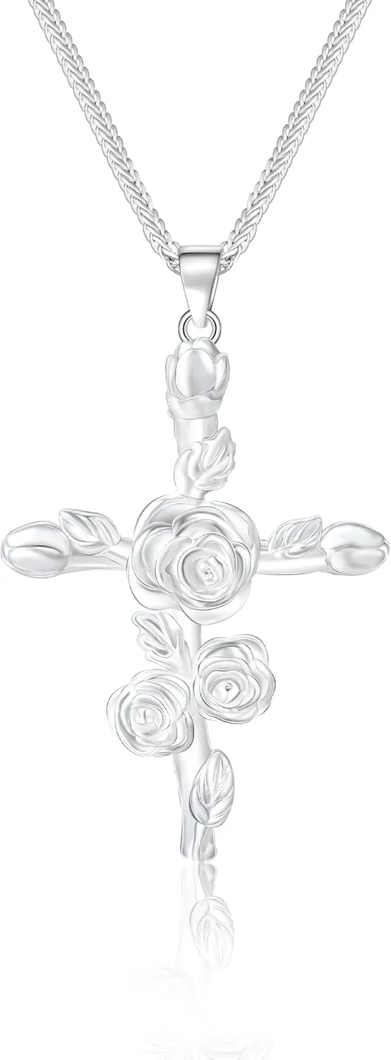 ACECHA Cross Necklace for Women | Silver Birth Flower Necklaces Thick Plated 12 Month Womens Birthday Faith Pendant Trendy Anniversary Jewelry Gifts