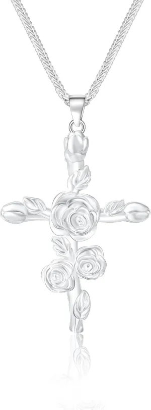 ACECHA Cross Necklace for Women | Silver Birth Flower Necklaces Thick Plated 12 Month Womens Birthday Faith Pendant Trendy Anniversary Jewelry Gifts