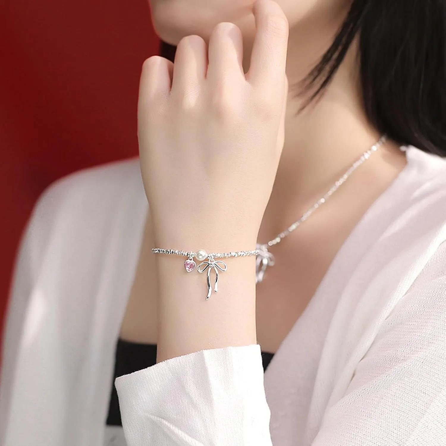 Adjustable Sterling Silver Bow Heart Bracelet, Friendship Jewelry for Women - Symbolic Best Friend Gift, Delicate Beaded Design for Everyday Wear