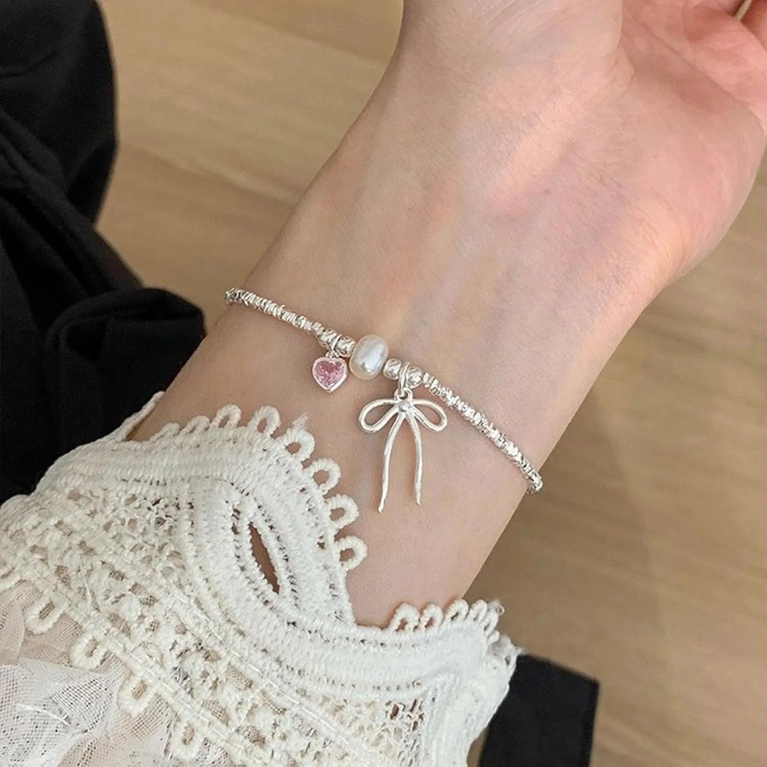 Adjustable Sterling Silver Bow Heart Bracelet, Friendship Jewelry for Women - Symbolic Best Friend Gift, Delicate Beaded Design for Everyday Wear