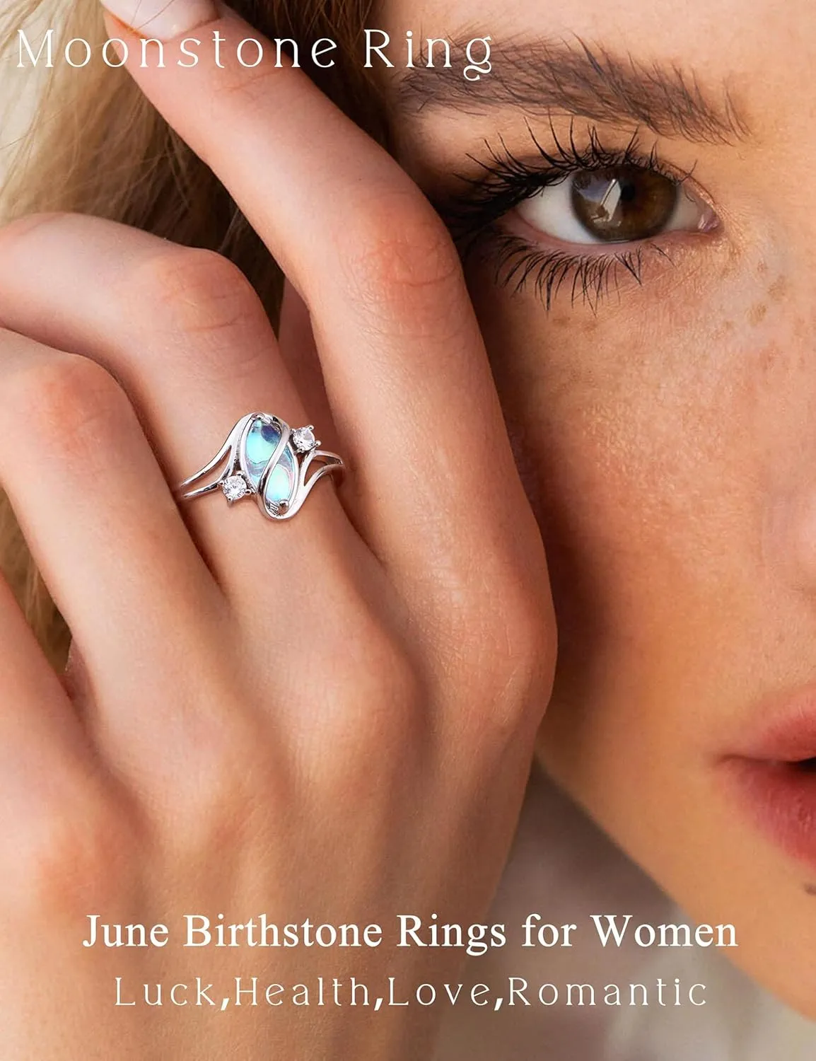 ADRAMATA 925 Sterling Silver Rings for Women Moonstone Ring Rainbow Cubic Zirconia Accents Ring Solitaire Gemstone Statement Rings 18K Gold Plated Silver Rings