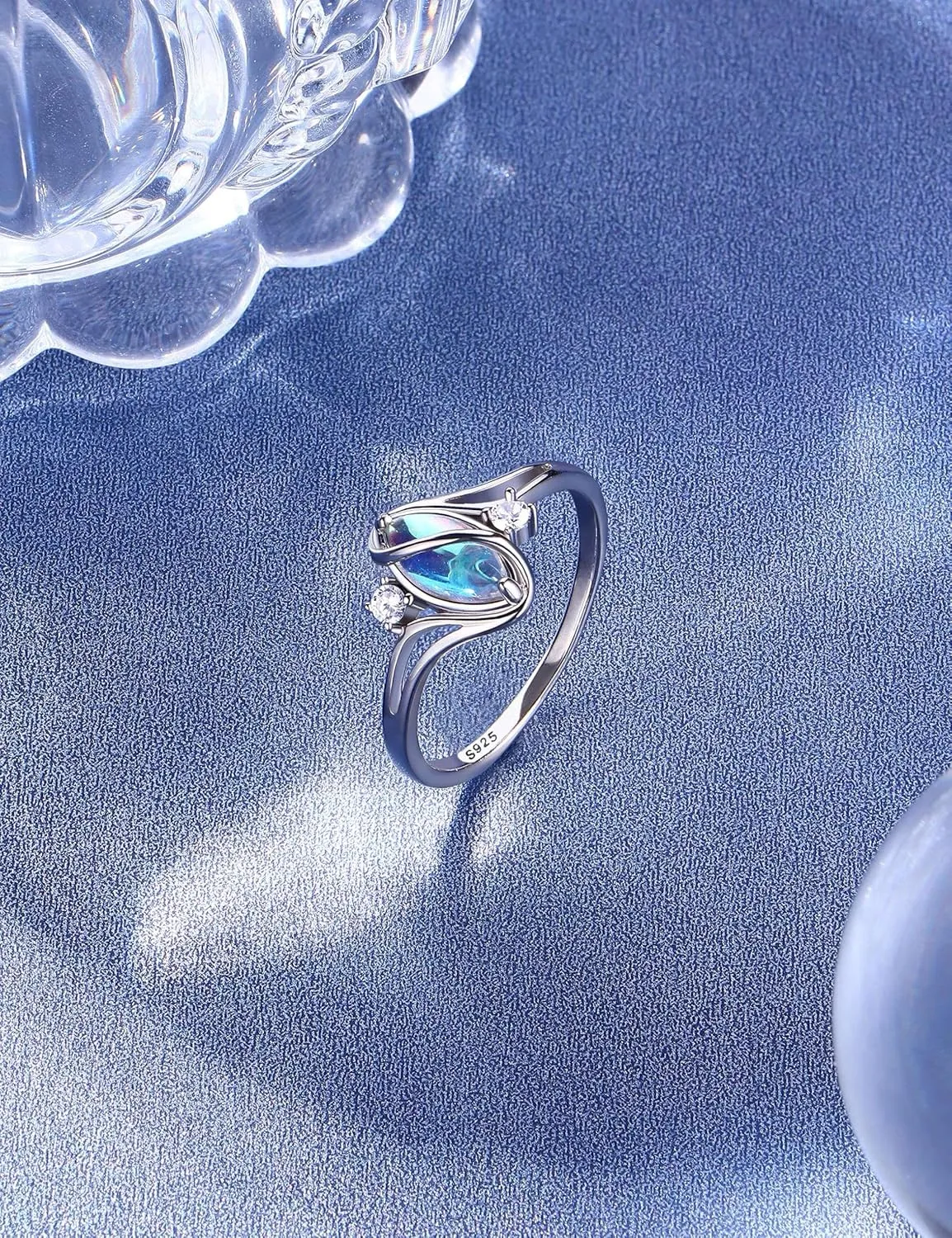 ADRAMATA 925 Sterling Silver Rings for Women Moonstone Ring Rainbow Cubic Zirconia Accents Ring Solitaire Gemstone Statement Rings 18K Gold Plated Silver Rings