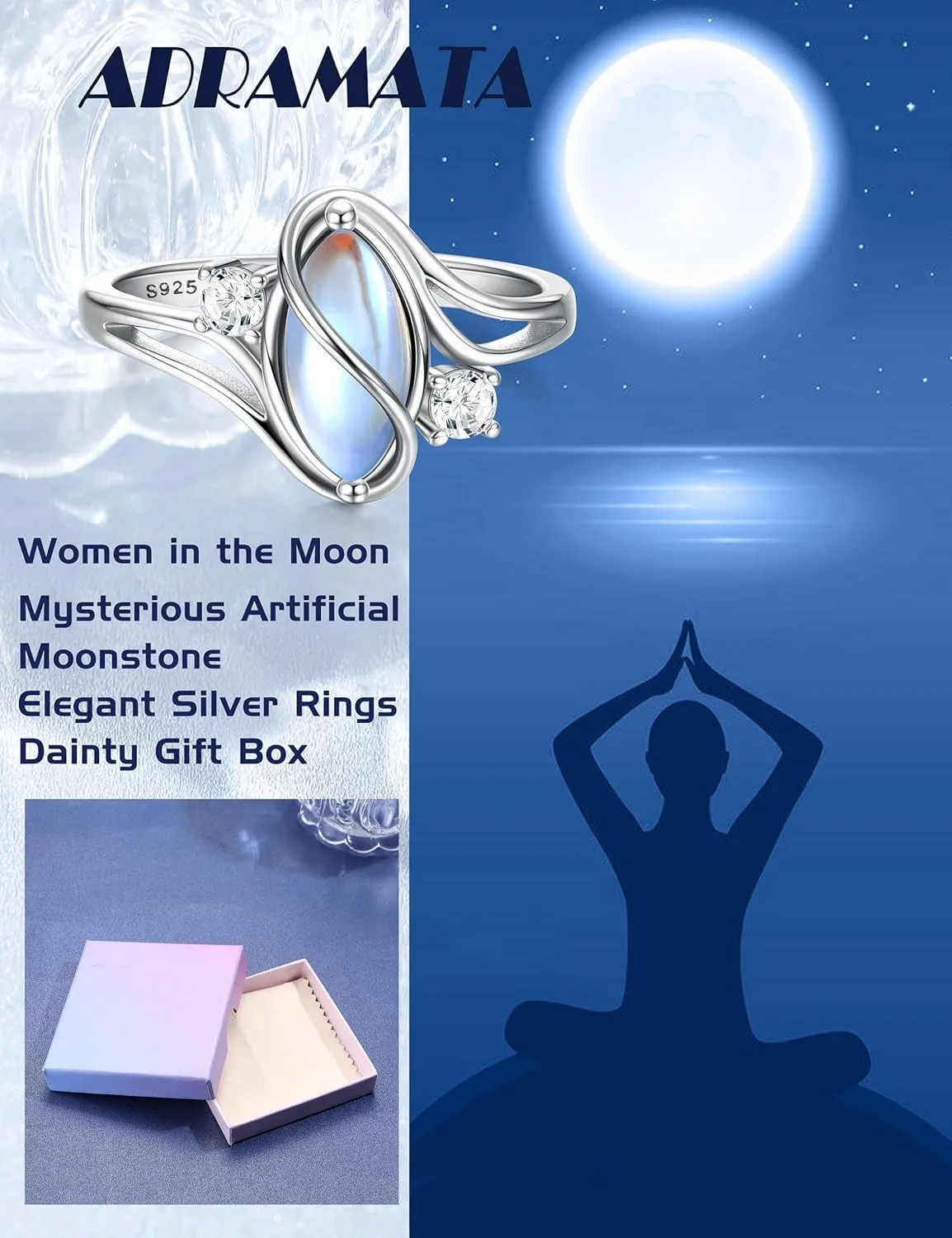 ADRAMATA 925 Sterling Silver Rings for Women Moonstone Ring Rainbow Cubic Zirconia Accents Ring Solitaire Gemstone Statement Rings 18K Gold Plated Silver Rings