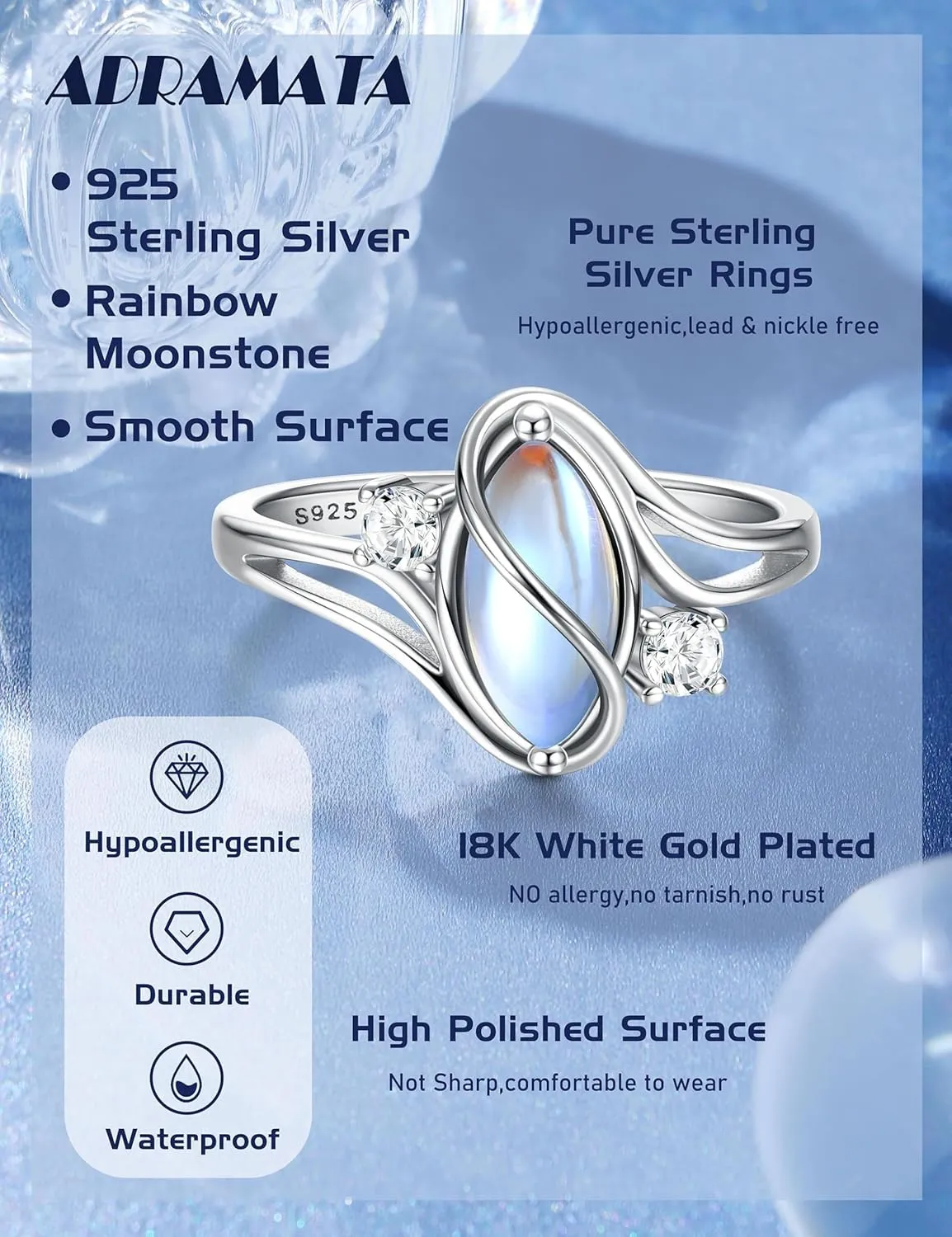 ADRAMATA 925 Sterling Silver Rings for Women Moonstone Ring Rainbow Cubic Zirconia Accents Ring Solitaire Gemstone Statement Rings 18K Gold Plated Silver Rings