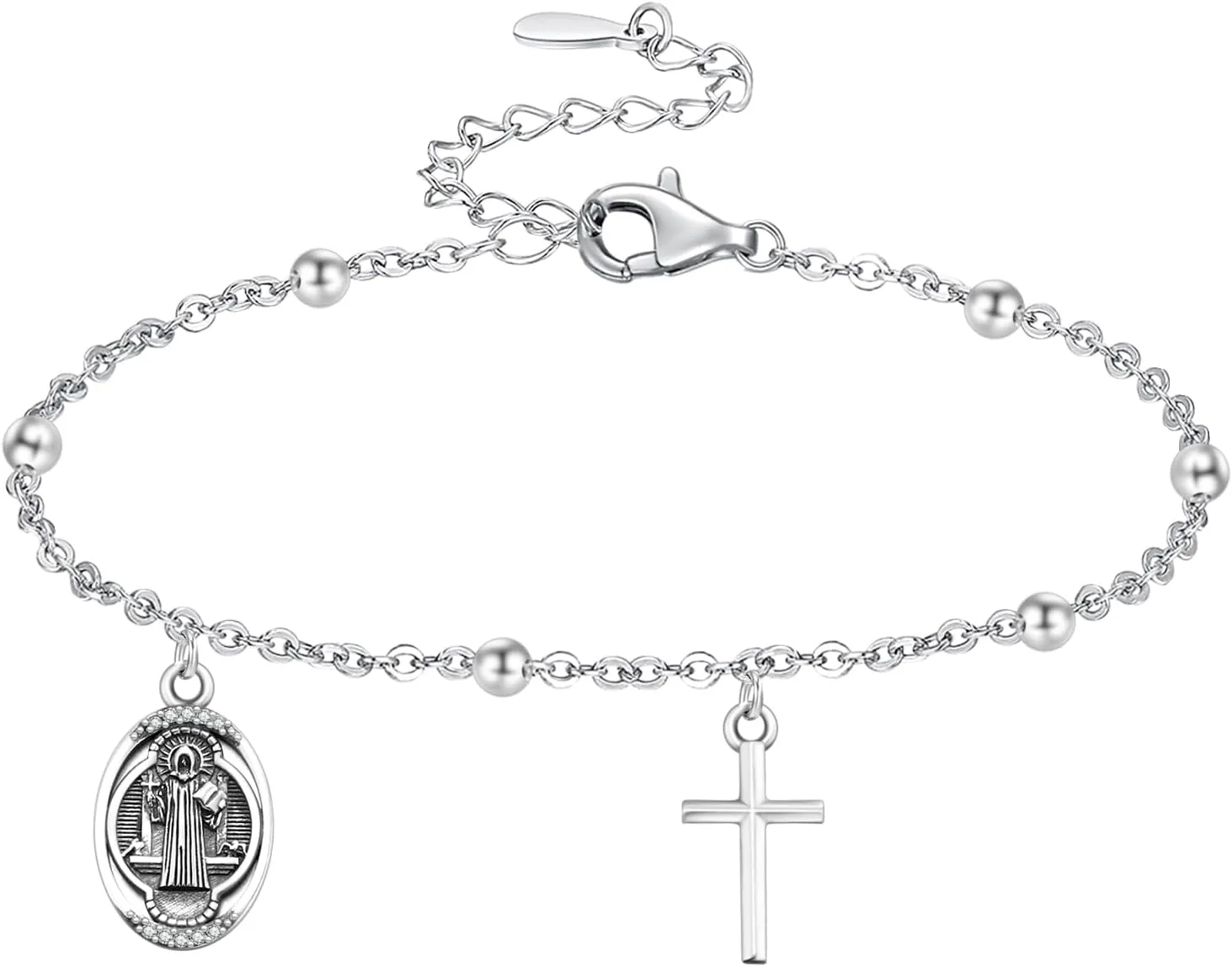 AENEAS Saint Benedict Bracelet for Women 925 Sterling Silver Cross Bracelet Saint Benedict Medal Prayer Christian Jewelry Gifts for women
