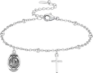 AENEAS Saint Benedict Bracelet for Women 925 Sterling Silver Cross Bracelet Saint Benedict Medal Prayer Christian Jewelry Gifts for women