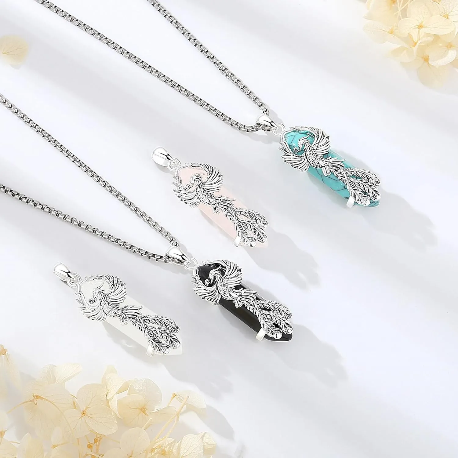 AEONSLOVE Phoenix Necklace for Women, Obsidian/Amethyst/Turquoise/Malachite/Clear Quartz/Rose Quartz Healing Crystal Phoenix Jewelry Gifts, 20'' 2'' Stainless Steel Box Chain