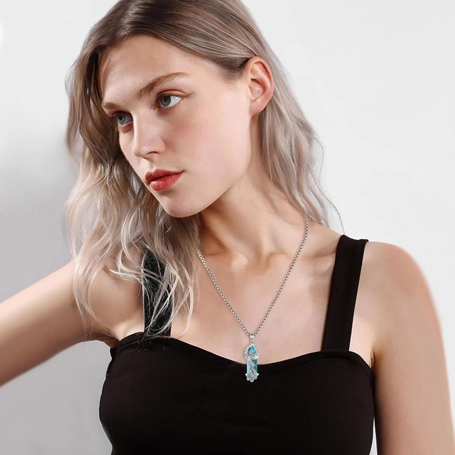 AEONSLOVE Phoenix Necklace for Women, Obsidian/Amethyst/Turquoise/Malachite/Clear Quartz/Rose Quartz Healing Crystal Phoenix Jewelry Gifts, 20'' 2'' Stainless Steel Box Chain