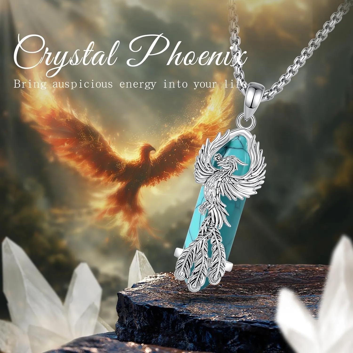 AEONSLOVE Phoenix Necklace for Women, Obsidian/Amethyst/Turquoise/Malachite/Clear Quartz/Rose Quartz Healing Crystal Phoenix Jewelry Gifts, 20'' 2'' Stainless Steel Box Chain