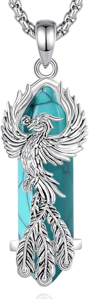 AEONSLOVE Phoenix Necklace for Women, Obsidian/Amethyst/Turquoise/Malachite/Clear Quartz/Rose Quartz Healing Crystal Phoenix Jewelry Gifts, 20'' 2'' Stainless Steel Box Chain