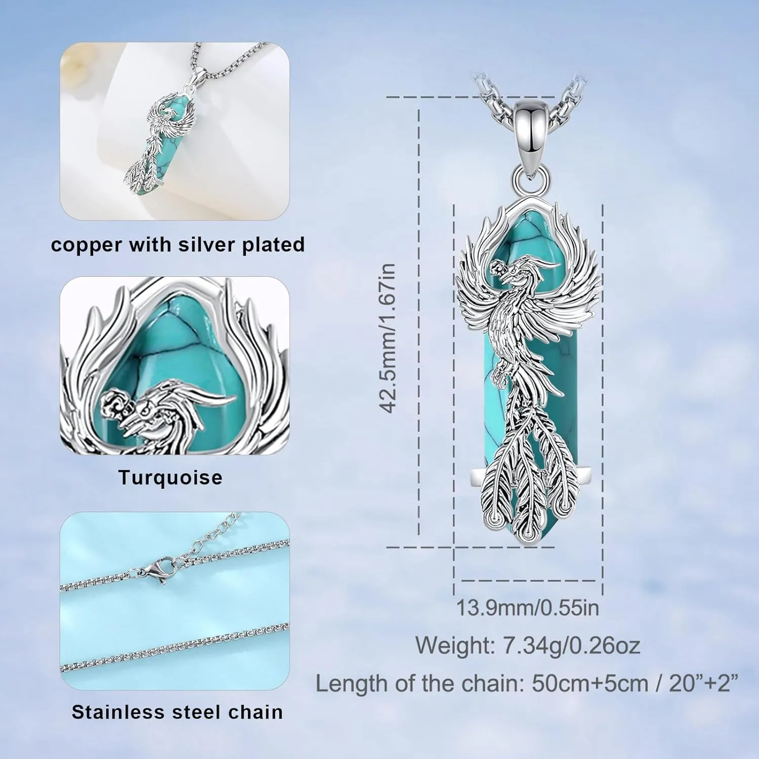 AEONSLOVE Phoenix Necklace for Women, Obsidian/Amethyst/Turquoise/Malachite/Clear Quartz/Rose Quartz Healing Crystal Phoenix Jewelry Gifts, 20'' 2'' Stainless Steel Box Chain