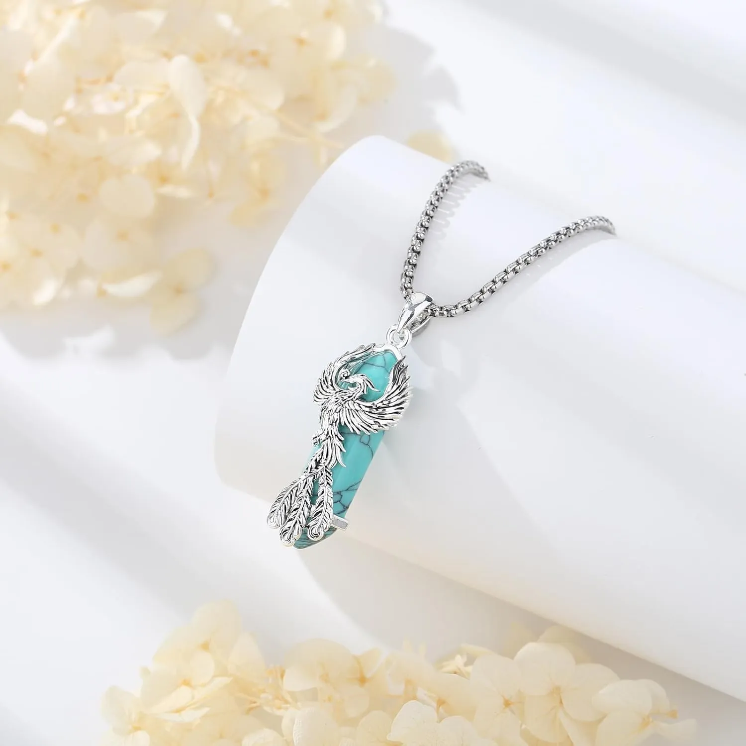 AEONSLOVE Phoenix Necklace for Women, Obsidian/Amethyst/Turquoise/Malachite/Clear Quartz/Rose Quartz Healing Crystal Phoenix Jewelry Gifts, 20'' 2'' Stainless Steel Box Chain