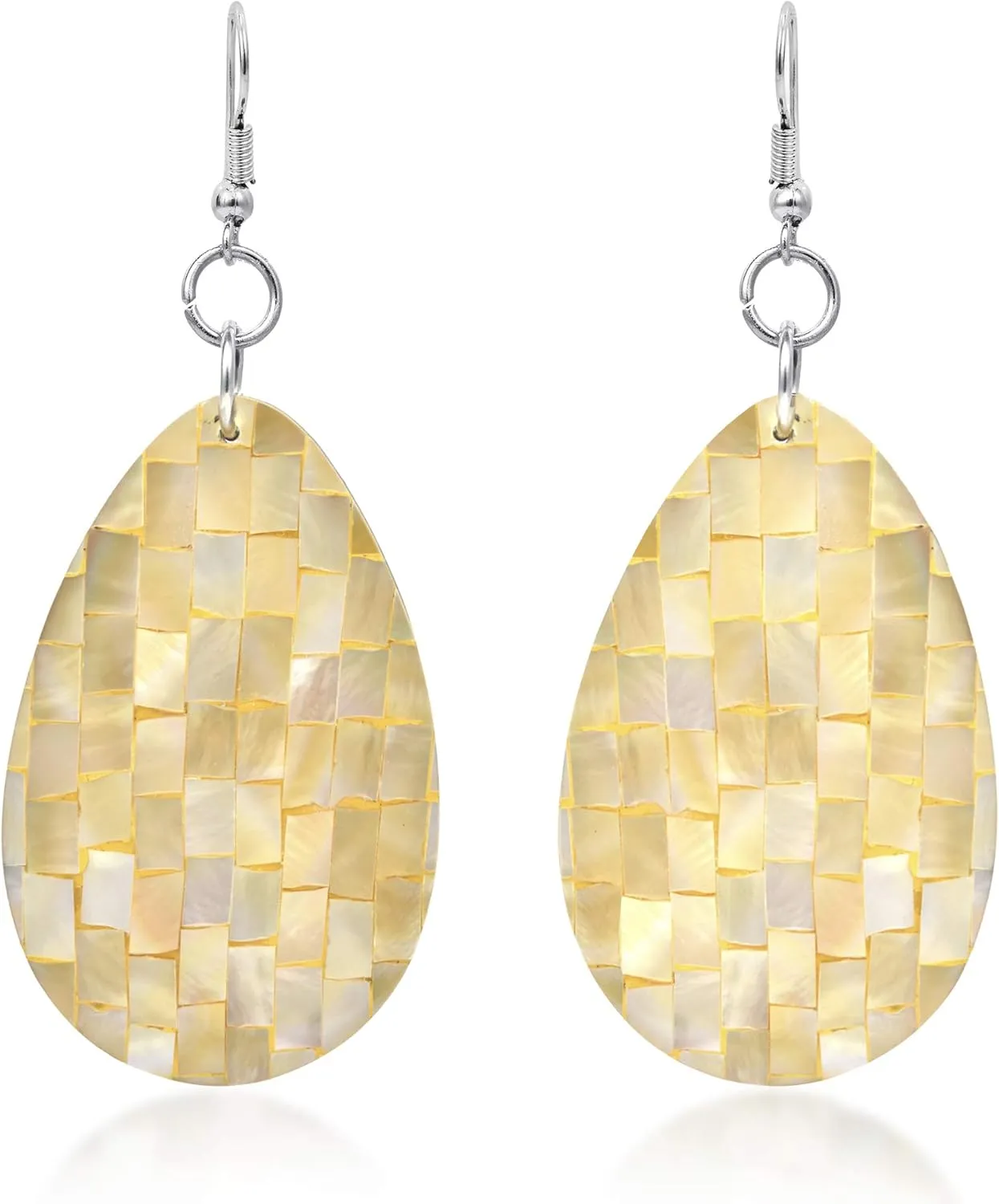 AeraVida Alluring Mosaic Yellow Mother of Pearl Teardrop Dangle Earrings | Handmade Boho Statement Shell Jewelry for Women | Elegant Sterling Silver Pearl Earrings