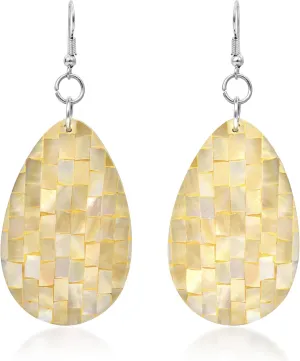 AeraVida Alluring Mosaic Yellow Mother of Pearl Teardrop Dangle Earrings | Handmade Boho Statement Shell Jewelry for Women | Elegant Sterling Silver Pearl Earrings