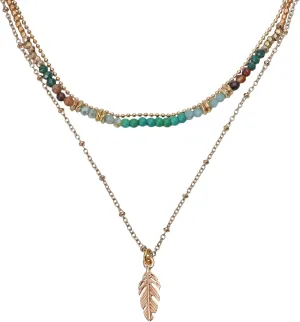 AeraVida Boho-Chic Brass Feather Pendant with SimulatedGreen Quartz Beads Layered Necklace | Coachella Accessories Necklace for Women | Bohemian Inspired Jewelry for Daughter | Two Layered Trendy Necklace