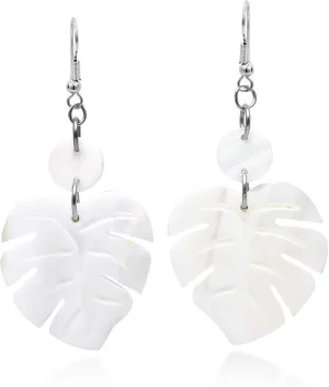 AeraVida Enchanting Nature Summer Leaf White Kabibe Shell Dangle Earrings | Boho Style Sterling Silver Dangle Earring for Women | Jewelry Gift