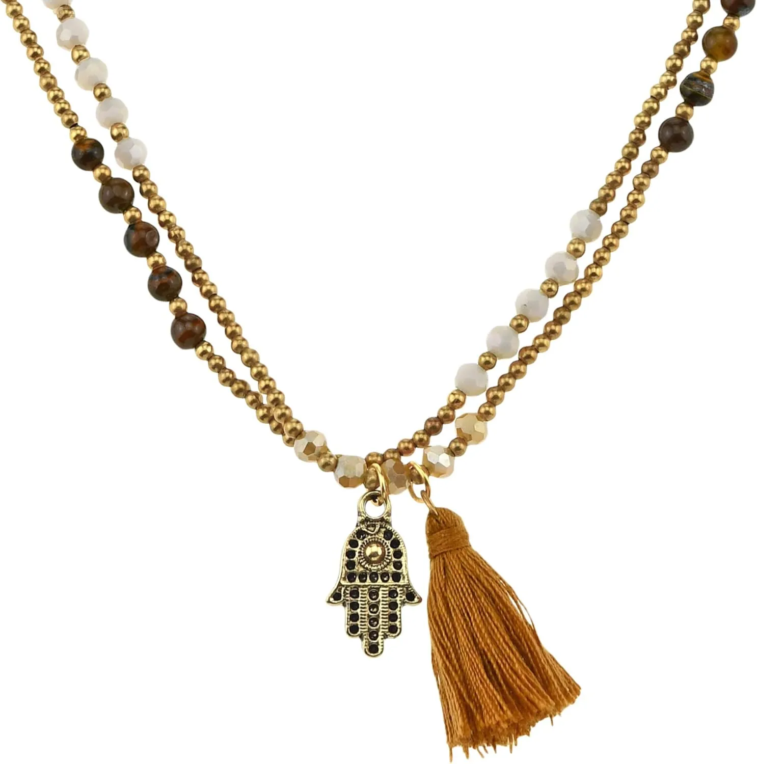 AeraVida Gleaming Tiger's Eye Hand of Hamsa Layered Necklace with Brown Tassel and Brass Beads | Boho Chic Spiritual Jewelry for Women