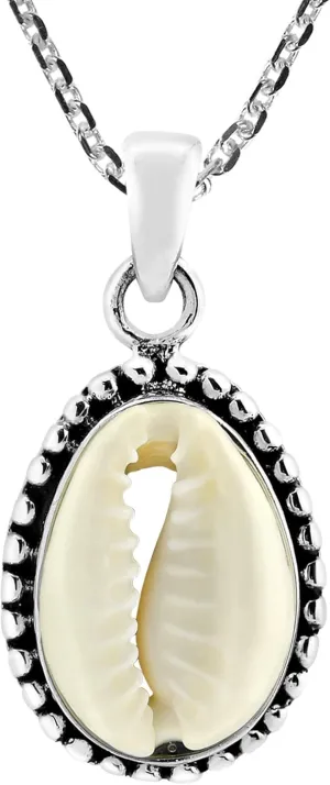 AeraVida Oceans Elegance White Cowrie Seashell .925 Sterling Silver Pendant Necklace | Casual Chic Seashell Necklace for Women | Anniversary Jewelry Gift for Daughter