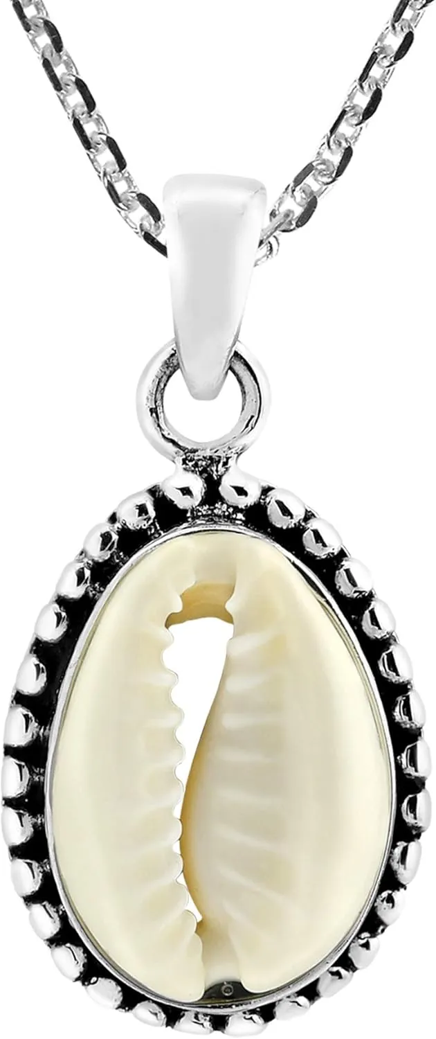 AeraVida Oceans Elegance White Cowrie Seashell .925 Sterling Silver Pendant Necklace | Casual Chic Seashell Necklace for Women | Anniversary Jewelry Gift for Daughter