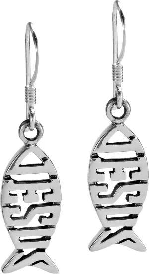 AeraVida Religious Jesus Fish Ichthys .925 Sterling Silver Fishhook Dangle Earrings | Faith-Inspired Christian Jewelry for Women | Elegant Silver Ichthys Earrings