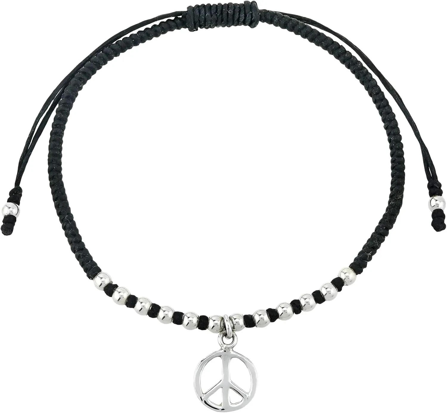 AeraVida Stylish Fashion Icon Peace Symbol Charm & Beads Sterling Silver Pull-String Bracelet for Symbolic Fashion & Vintage Style with Cool Hippie Vibes