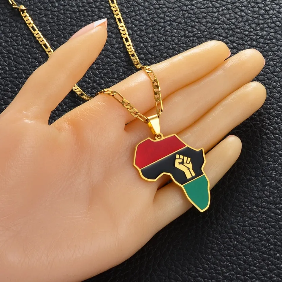 African Color Map & Fist Symbol Pendant Necklaces