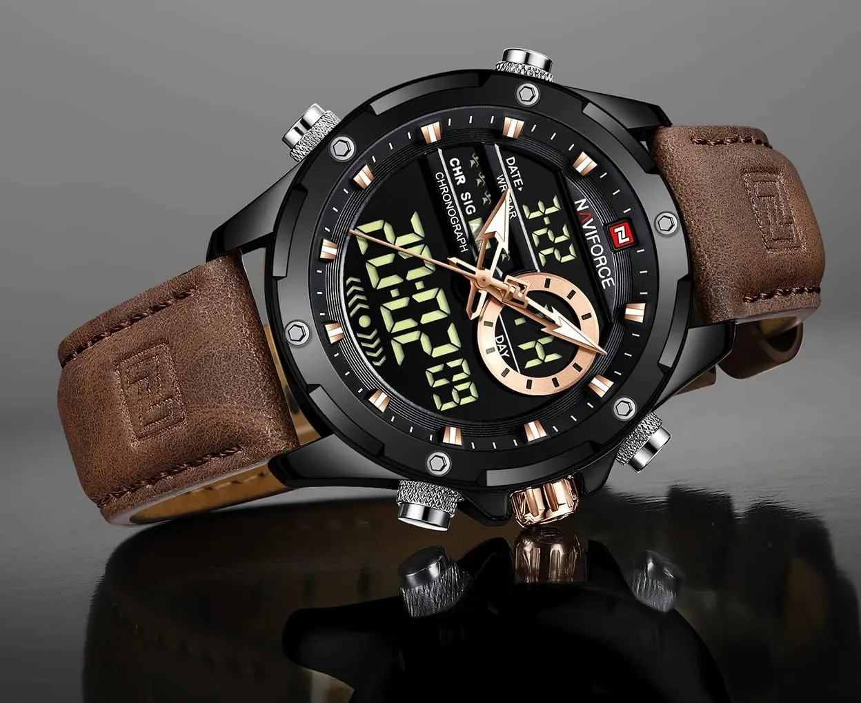 AIMES Watches for Men Military Digital Sport Stylish Casual Analog Quartz Waterproof Watch Multifunction Leather Business Dress Wristwatch for Men