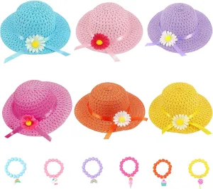 AIYUENCICI Tea Party Straw Hat 6 Girls Hats with Bracelet for Kids Dress Up Party Supplies