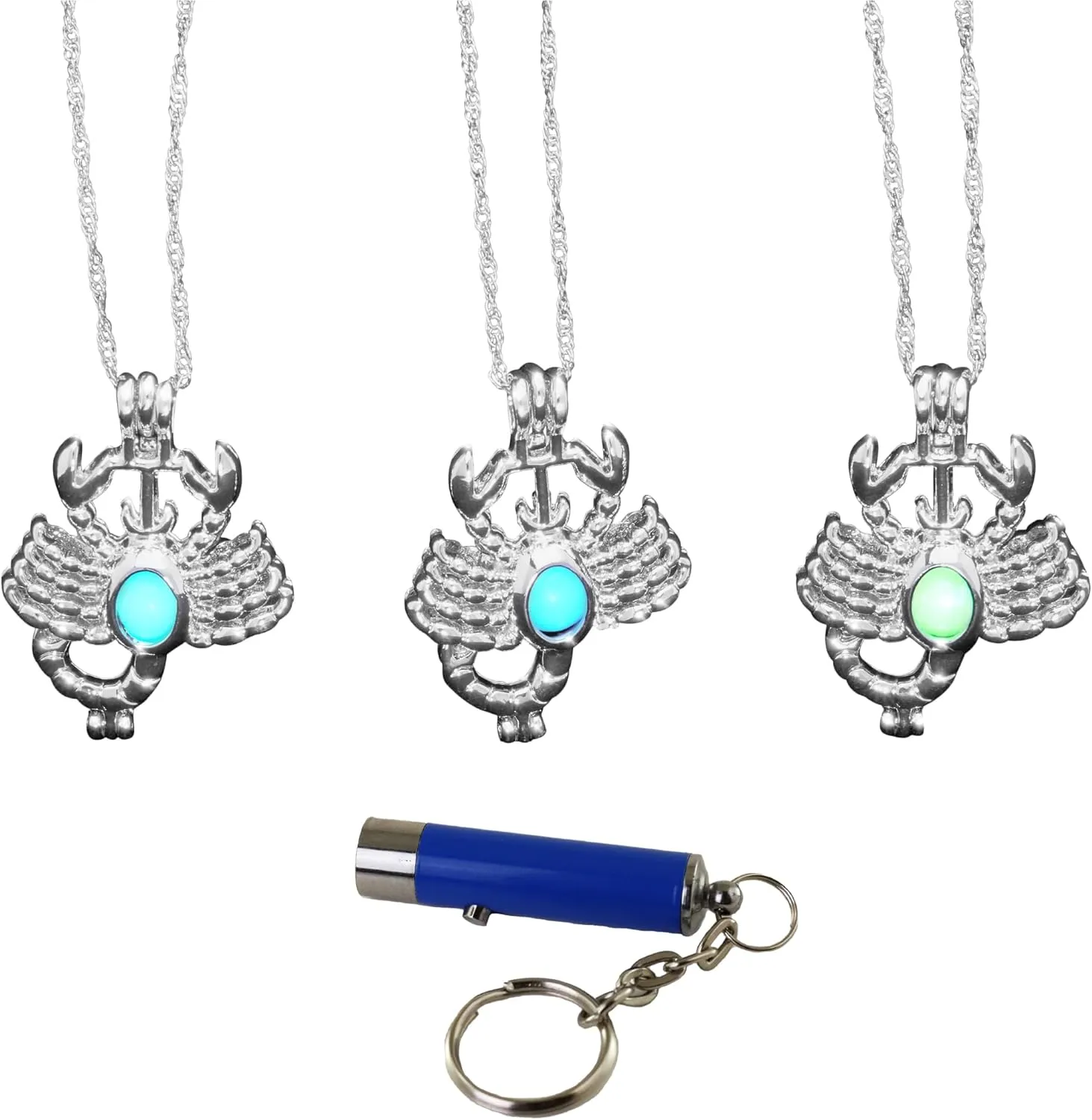 AlterImage Mystique Scorpion Zodiac Glow in The Dark Necklaces Set of 3 Luminous Jewelry Green Blue & Sky Blue Includes UV Light