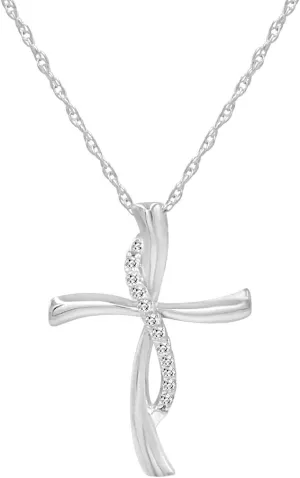 Amanda Rose Collection Sterling Silver 1/10 Carat TW Real Diamond Cross Pendant Necklace for Woman on an 18 inch Sterling Silver Chain | Real Diamond Necklaces for Women