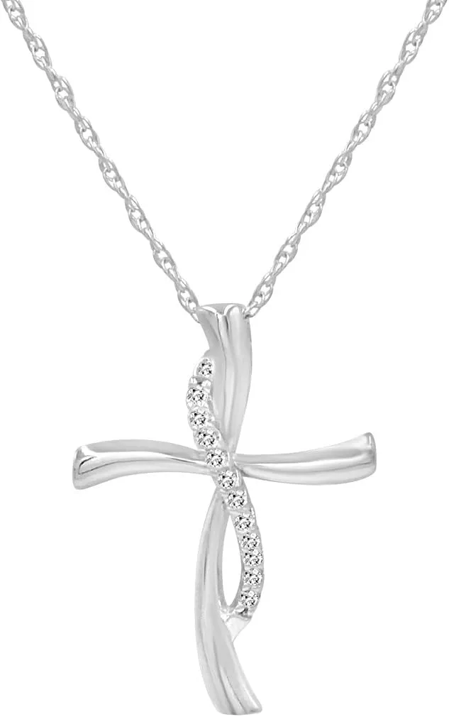 Amanda Rose Collection Sterling Silver 1/10 Carat TW Real Diamond Cross Pendant Necklace for Woman on an 18 inch Sterling Silver Chain | Real Diamond Necklaces for Women