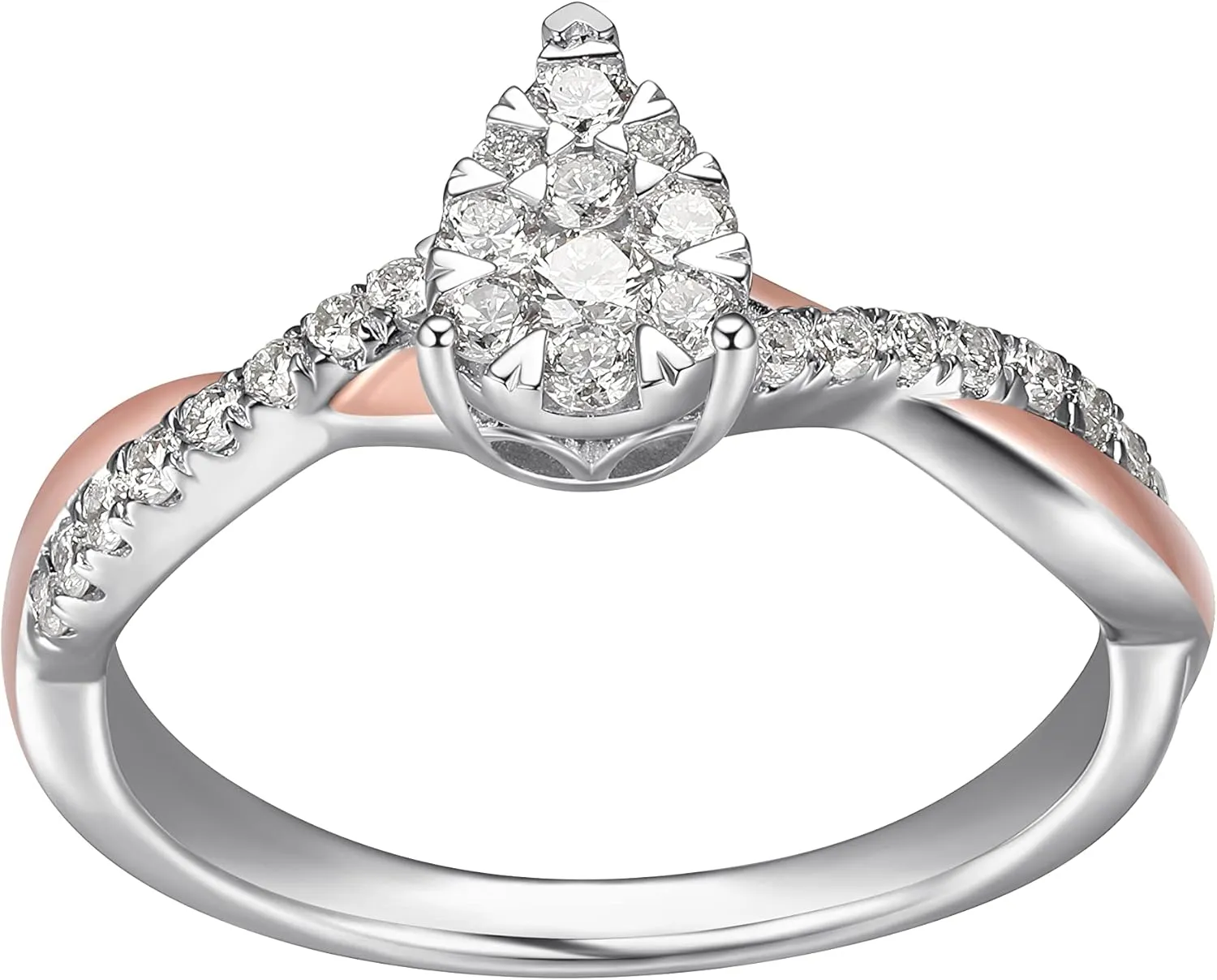 Amazon Essentials 18 Karat Rose 18K Gold Over Sterling Silver and Platinum Over Sterling Silver 3/8th Carat Total Weight Lab Grown Diamond Two Tone Twist Pear Cluster Ring, Size 7 (previously Amazon Collection)
