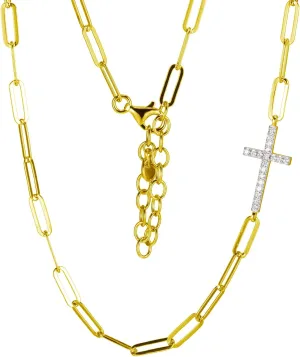 Amazon Essentials Yellow 18K Gold Plated Sterling Silver Cubic Zirconia Asymmetric Cross Paperclip Chain Necklace, 17 Inches with 2 Inch Extender (previously Amazon Collection)