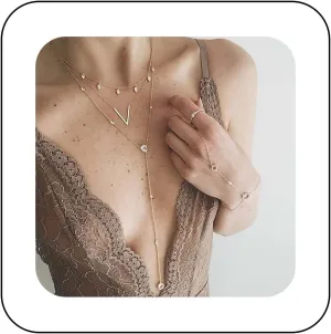 Andelaisi Boho Chevron V Pendant Necklace Chain Tiny Leaf Dangle Choker Necklace Layered Rhinestone Necklace Chain Round Crystal Y Drop Necklace Jewelry for Women