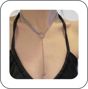 Andelaisi Boho Circle Y Lariat Necklace Silver Long Lariat Y Necklace Tiny Ball Bead Pendant Necklace Vintage Layered Cuban Chain Necklace Jewelry for Women
