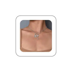 Andelaisi Boho Crystal Key Lock Choker Necklace Layered Rhinestone Padlock Necklace Choker Silver Crystal Cz Key Necklace Sparkly Cz Lock Key Pendant Necklace Jewelry for Women