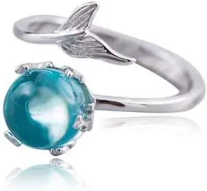 ANDPAI Charm Chic Silver Ocean Mermaid with Blue Crystal Size Adjustable Open Hypoallergenic Ring for Women Jewelry Statement Jewelry Gifts
