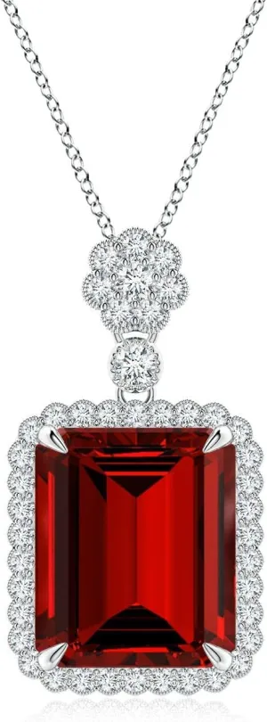 Angara Lab Grown Emerald cut Ruby Pendant with Floral Bale in Silver / 14K Solid Gold/Platinum | July Birthstone, Birthday, Engagement, Anniversary, Wedding Jewelry Gift for Women