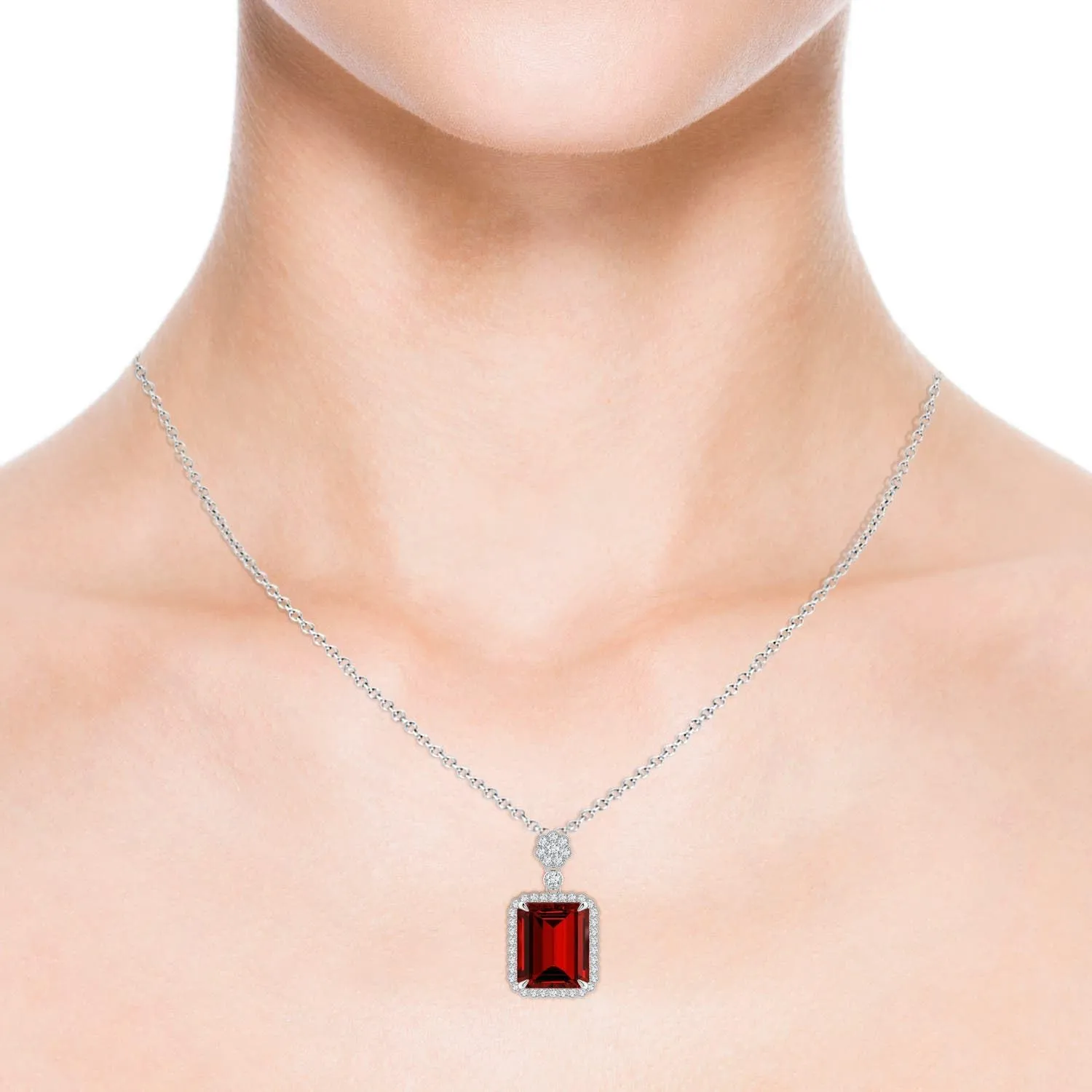 Angara Lab Grown Emerald cut Ruby Pendant with Floral Bale in Silver / 14K Solid Gold/Platinum | July Birthstone, Birthday, Engagement, Anniversary, Wedding Jewelry Gift for Women