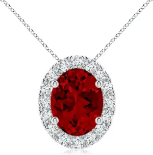 Angara Lab Grown Oval Ruby Halo Pendant in 14K Solid Gold/Platinum | July Birthstone, Birthday, Engagement, Anniversary, Wedding Jewelry Gift for Women