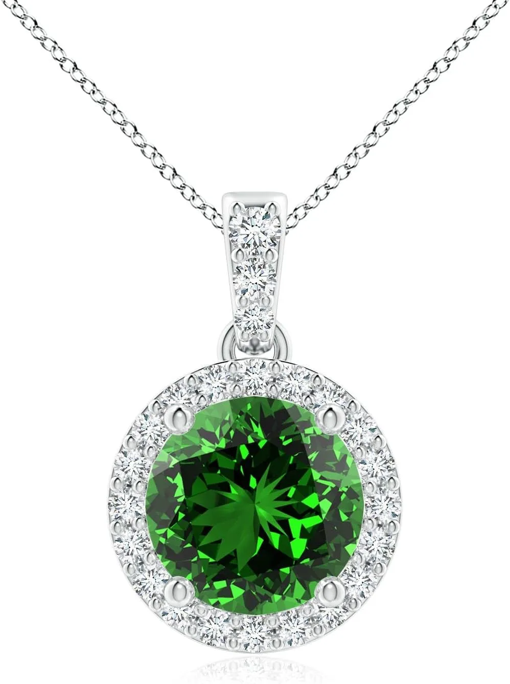 Angara Lab Grown Round Emerald Dangle Pendant with Lab Diamond Halo in 14K Solid Gold/Platinum | May Birthstone, Birthday, Engagement, Anniversary, Wedding Jewelry Gift for Women